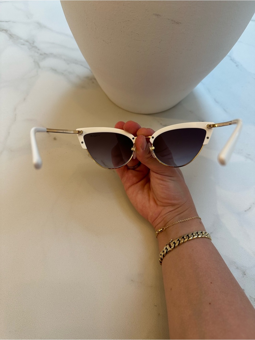 NWT White Vogue Cat Eye Sunglasses with Gold Trim - Picture 5 of 8